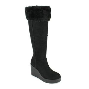PORTLAND Women's Black Suede Leather Faux Fur Trim Knee High Wedge Boots 10